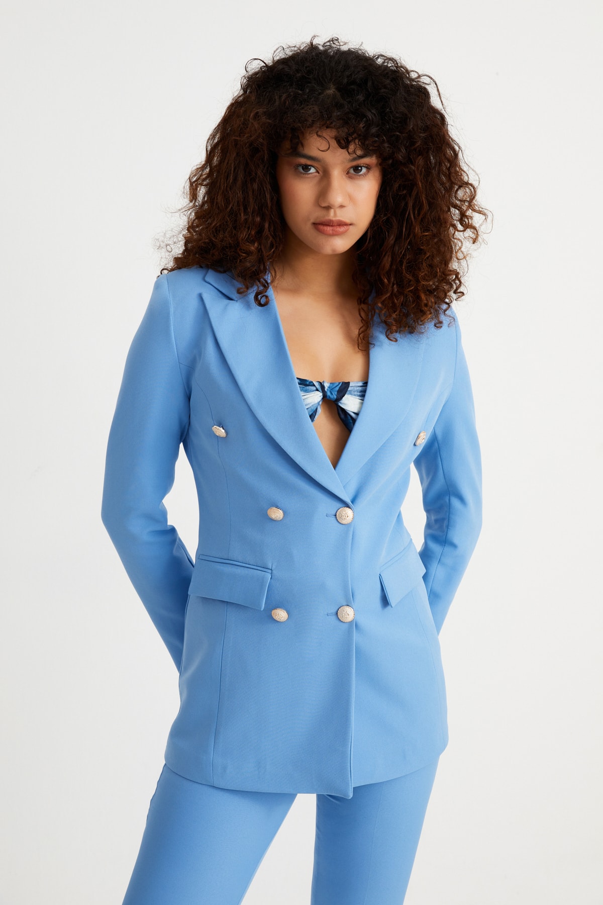 کت و شلوار آبی زنانه Rmz Style مدل کمربنددار