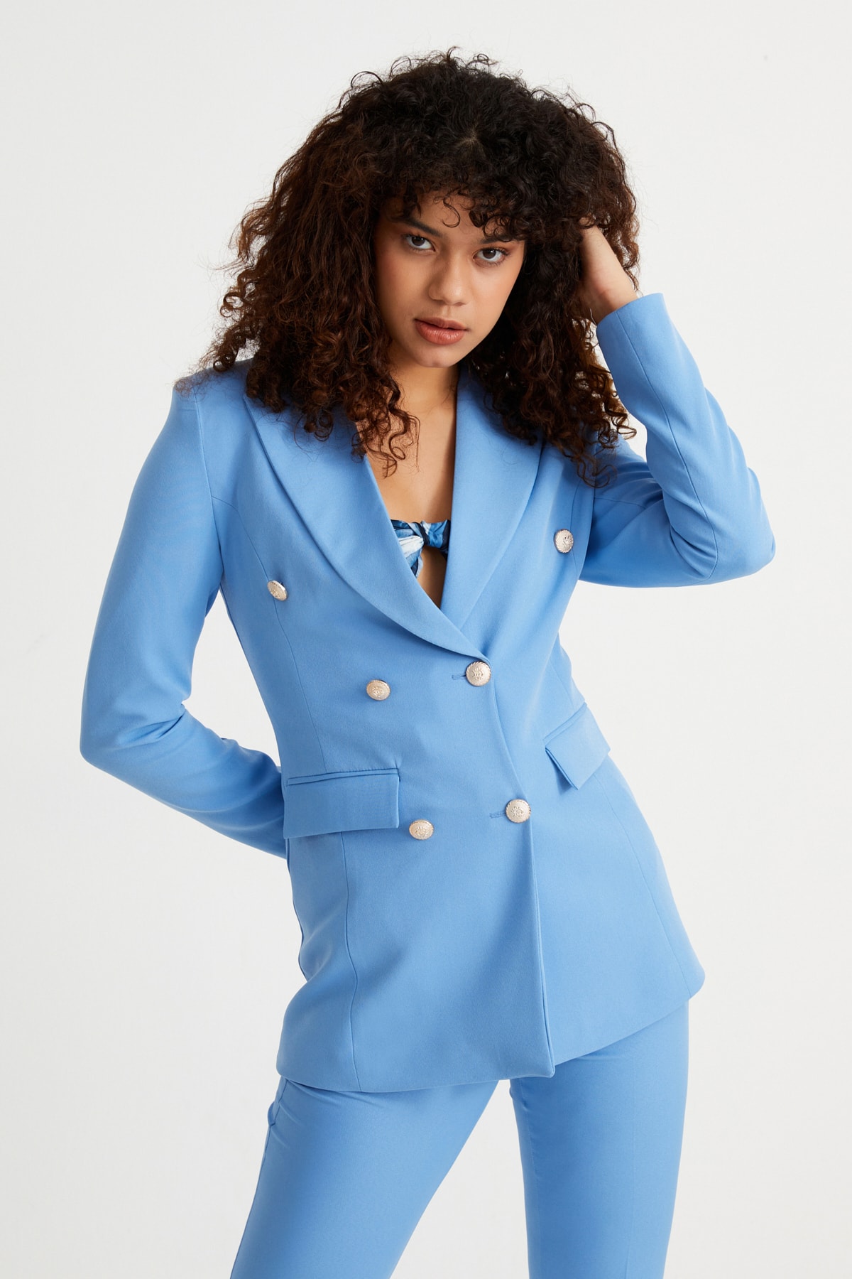 کت و شلوار آبی زنانه Rmz Style مدل کمربنددار